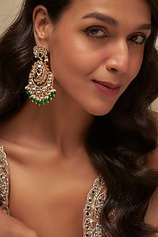 Gold Finish Uncut Zircon & Emerald Dangler Earrings