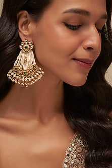 Gold Finish Uncut Zircon & Emerald Dangler Earrings