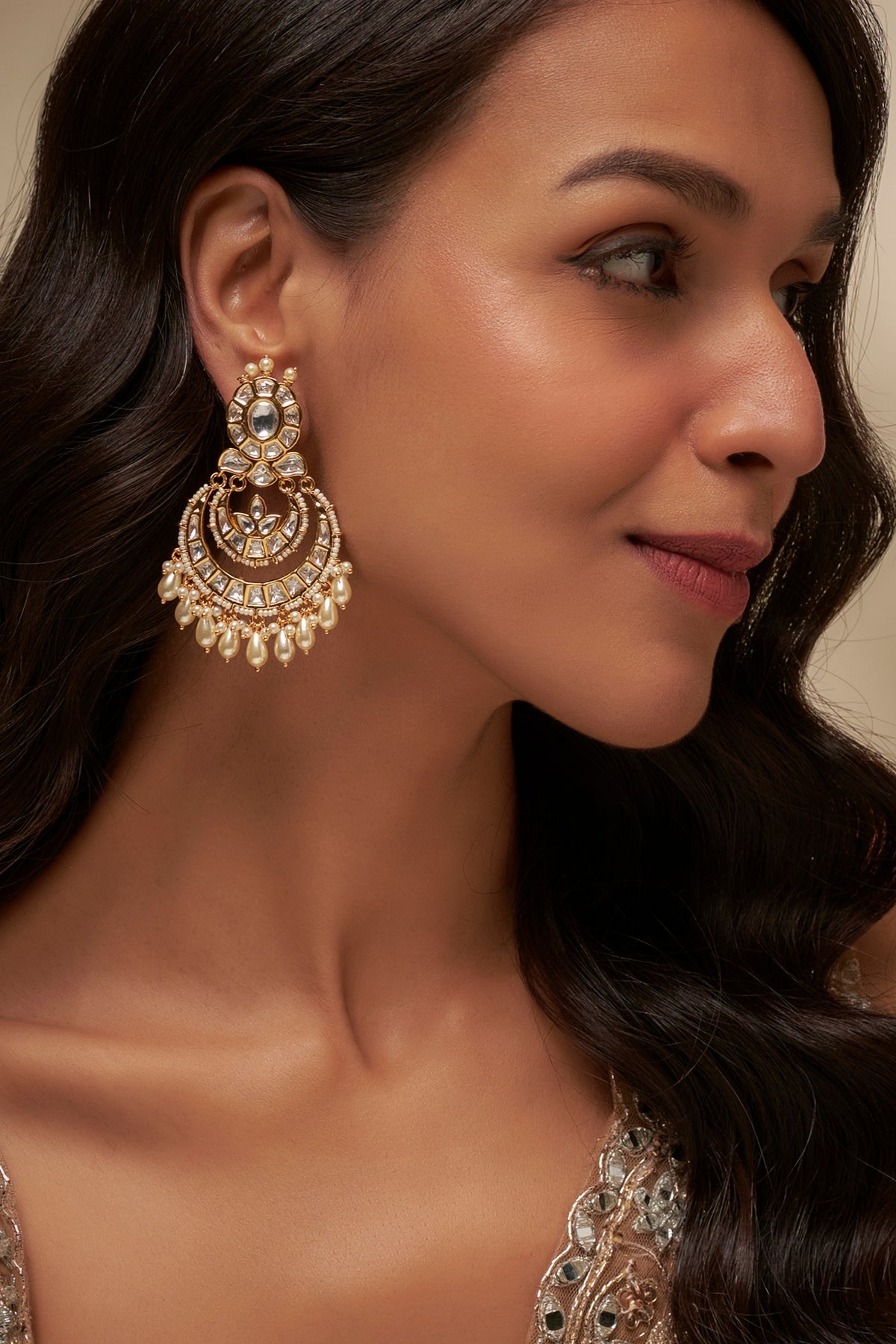 Gold Finish Uncut Zircon & Pearl Chandbali Earrings