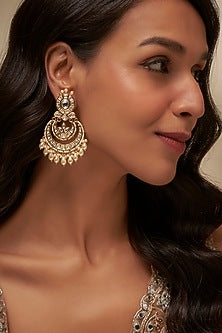 Gold Finish Uncut Zircon & Pearl Chandbali Earrings