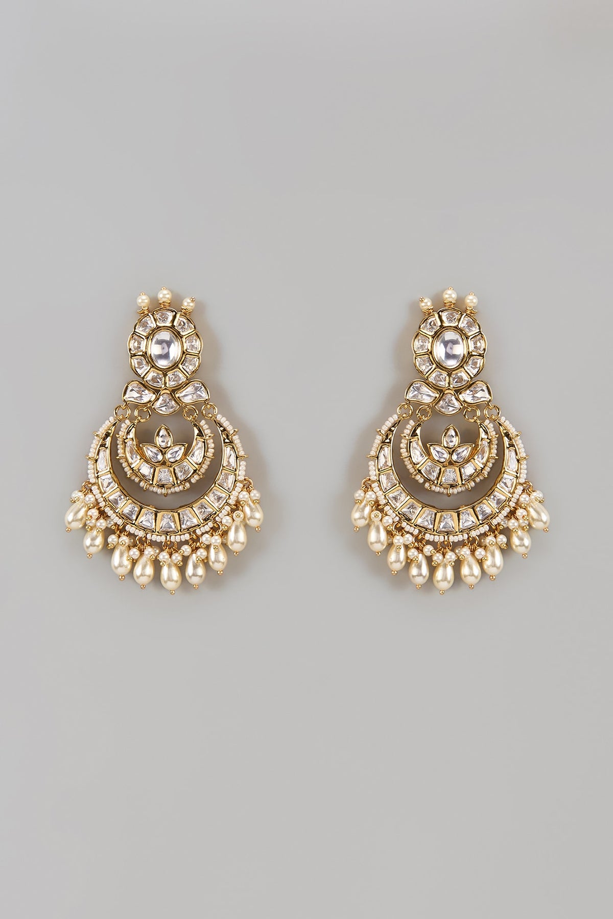 Gold Finish Uncut Zircon & Pearl Chandbali Earrings