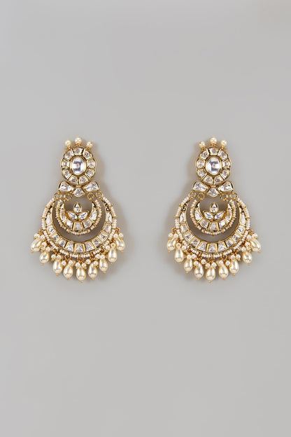 Gold Finish Uncut Zircon & Pearl Chandbali Earrings