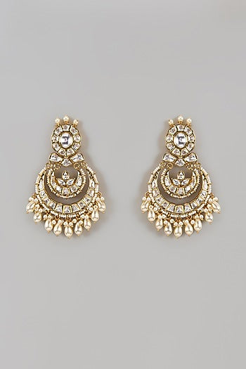 Gold Finish Uncut Zircon & Pearl Chandbali Earrings