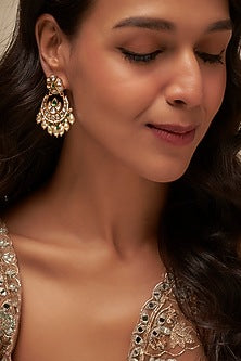 Gold Finish Uncut Zircon & Emerald Chandbali Earrings