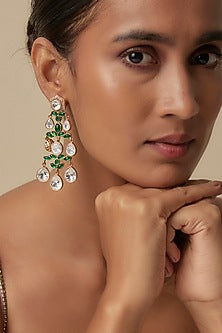 Gold Finish Uncut Zircon & Synthetic Emerald Dangler Earrings