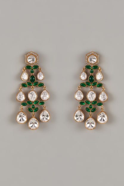 Gold Finish Uncut Zircon & Synthetic Emerald Dangler Earrings