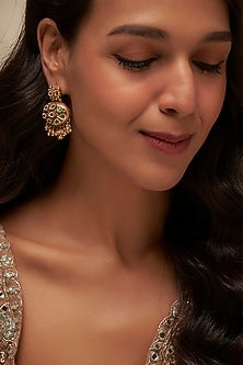 Gold Finish Uncut Zircon & Emerald Dangler Earrings
