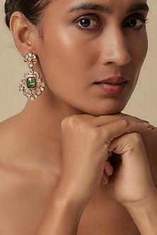 Gold Finish Uncut Zircon & Green Stone Dangler Earrings
