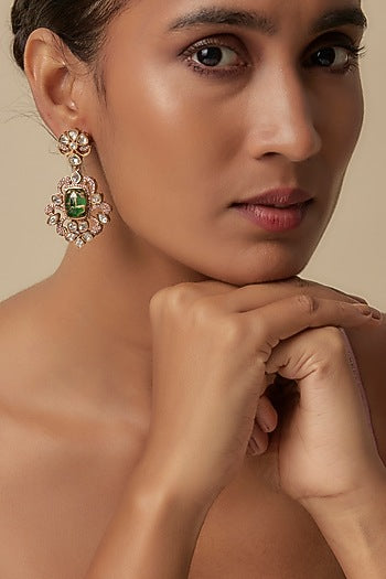 Gold Finish Uncut Zircon & Green Stone Dangler Earrings