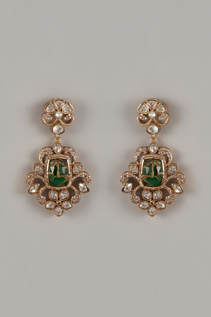 Gold Finish Uncut Zircon & Green Stone Dangler Earrings