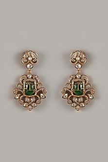 Gold Finish Uncut Zircon & Green Stone Dangler Earrings