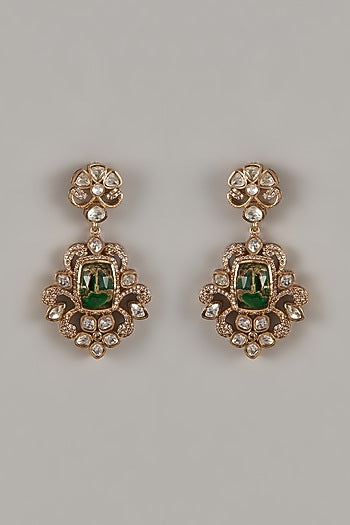 Gold Finish Uncut Zircon & Green Stone Dangler Earrings