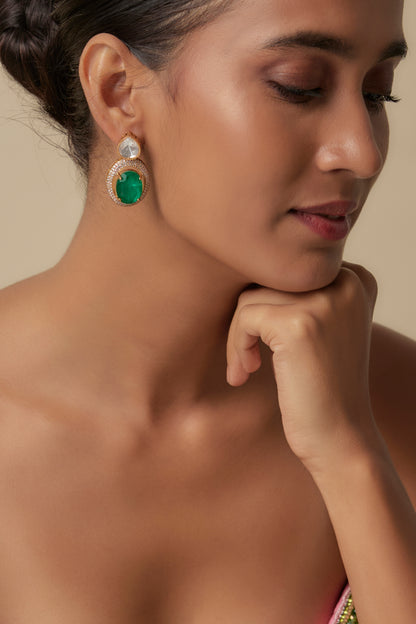 Gold Finish Uncut Zircon & Synthetic Emerald Dangler Earrings
