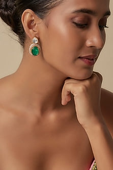 Gold Finish Uncut Zircon & Synthetic Emerald Dangler Earrings