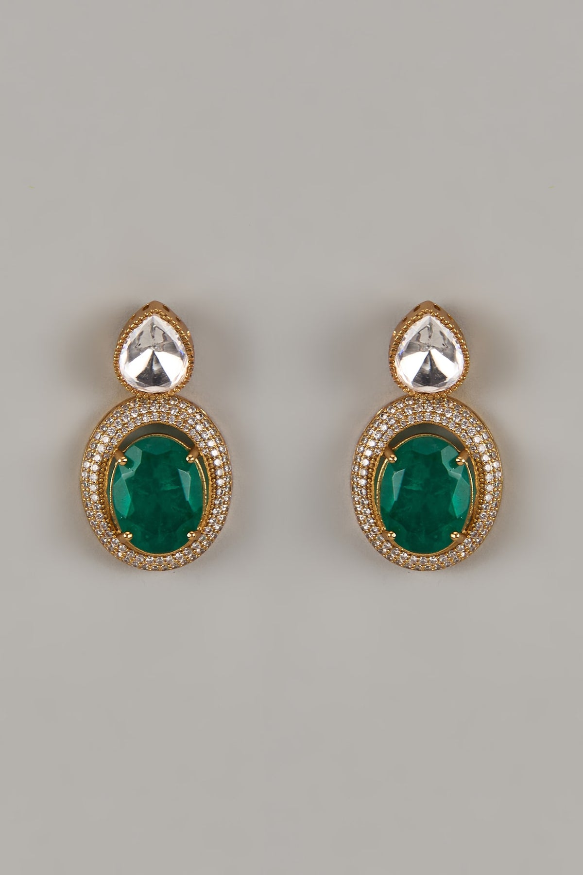 Gold Finish Uncut Zircon & Synthetic Emerald Dangler Earrings