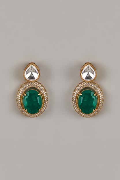 Gold Finish Uncut Zircon & Synthetic Emerald Dangler Earrings