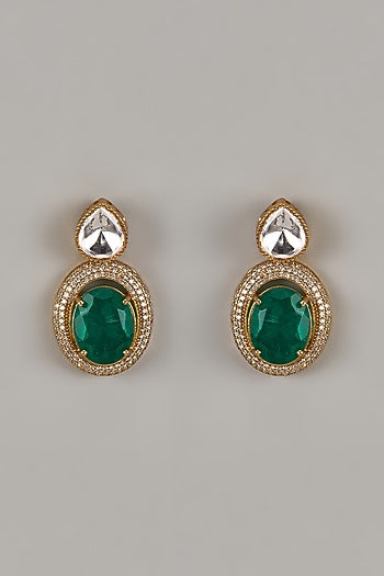 Gold Finish Uncut Zircon & Synthetic Emerald Dangler Earrings