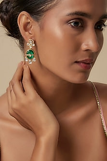Gold Finish Uncut Zircon & Synthetic Emerald Dangler Earrings