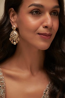 Gold Finish Uncut Zircon & Beaded Enameled Dangler Earrings