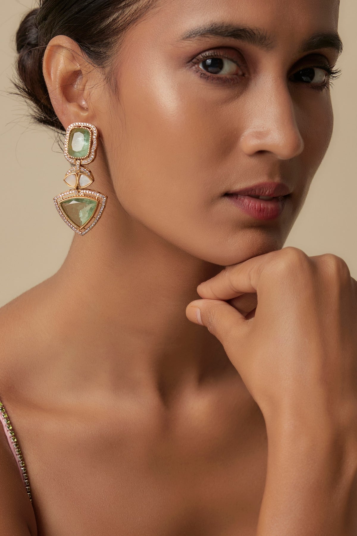 Gold Finish Uncut Zircon & Synthetic Emerald Dangler Earrings