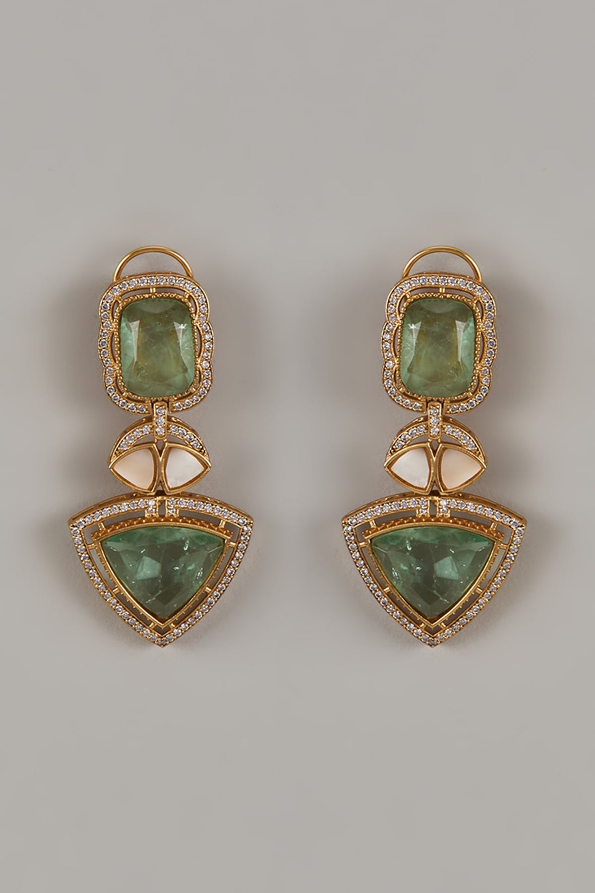 Gold Finish Uncut Zircon & Synthetic Emerald Dangler Earrings