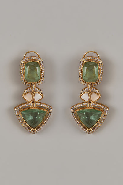 Gold Finish Uncut Zircon & Synthetic Emerald Dangler Earrings