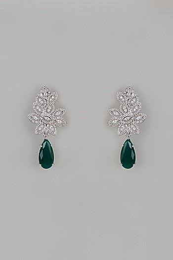 White Finish Uncut Zircon & Emerald Stone Dangler Earrings