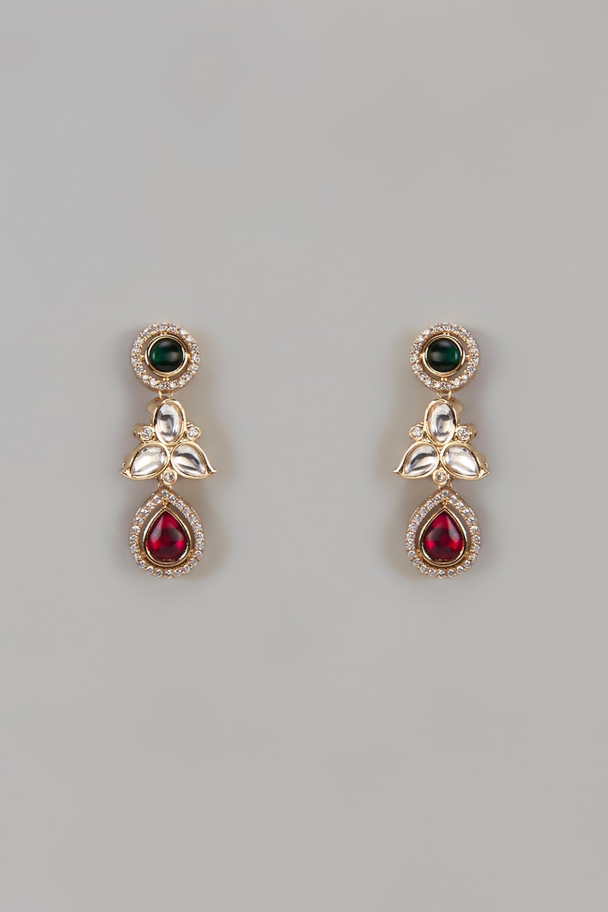 Gold Finish Synthetic Ruby & Emerald Dangler Earrings