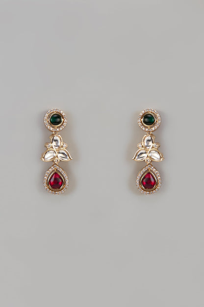 Gold Finish Synthetic Ruby & Emerald Dangler Earrings