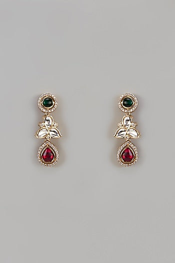 Gold Finish Synthetic Ruby & Emerald Dangler Earrings