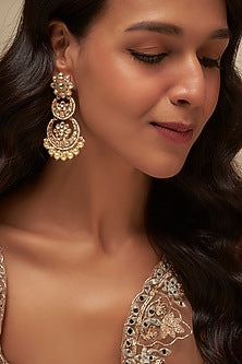 Gold Finish Uncut Zircon & Pearl Chandbali Earrings