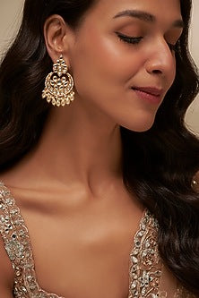 Gold Finish Uncut Zircon & Pearl Chandbali Earrings