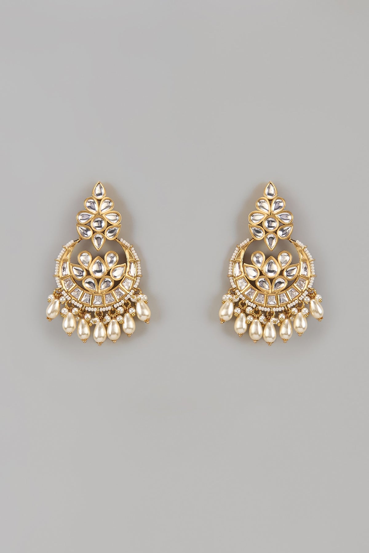Gold Finish Uncut Zircon & Pearl Chandbali Earrings