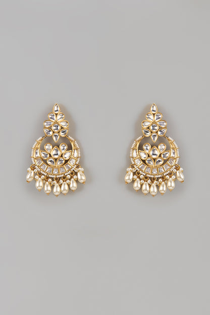 Gold Finish Uncut Zircon & Pearl Chandbali Earrings