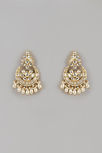 Gold Finish Uncut Zircon & Pearl Chandbali Earrings