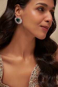 White Finish Uncut Zircon & Emerald Stone Stud Earrings