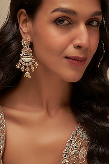 Gold Finish Uncut Zircon Green Enameled Dangler Earrings