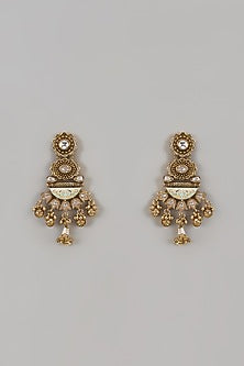Gold Finish Uncut Zircon Green Enameled Dangler Earrings