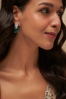 White Finish Oval-Cut Uncut Zircon & Emerald Stone Dangler Earrings
