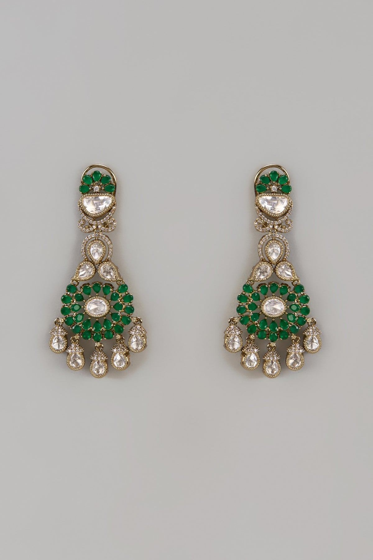 Victorian Finish Uncut Zircon & Emerald Stone Dangler Earrings