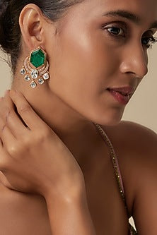 Gold Finish Uncut Zircon & Synthetic Emerald Dangler Earrings