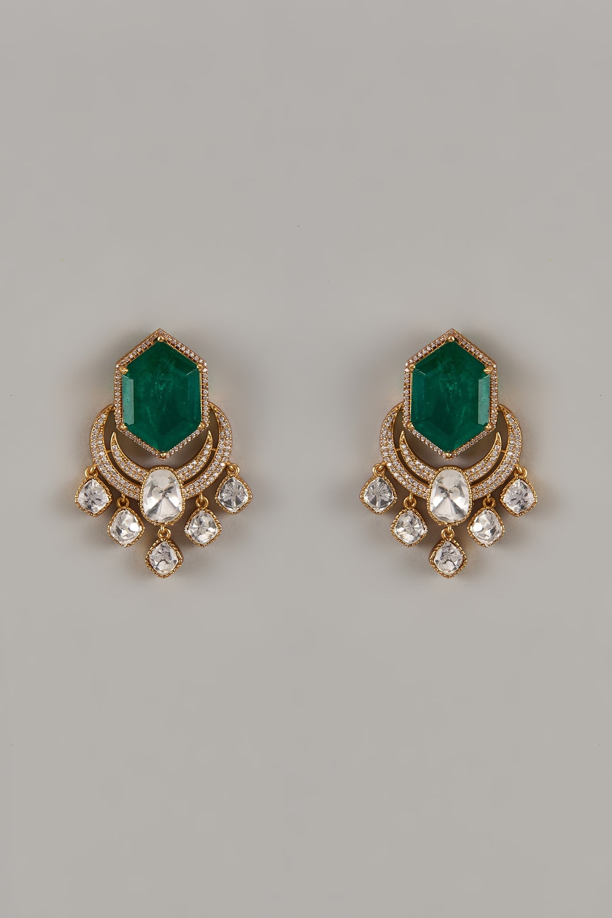 Gold Finish Uncut Zircon & Synthetic Emerald Dangler Earrings