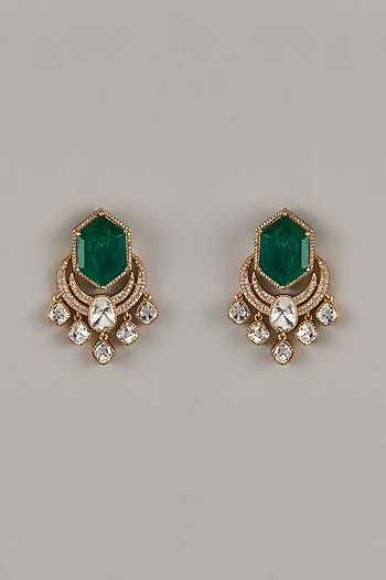 Gold Finish Uncut Zircon & Synthetic Emerald Dangler Earrings