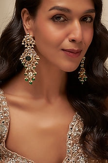 Gold Finish Uncut Zircon & Green Stone Dangler Earrings