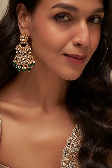 Gold Finish Uncut Zircon & Green Beaded Dangler Earrings