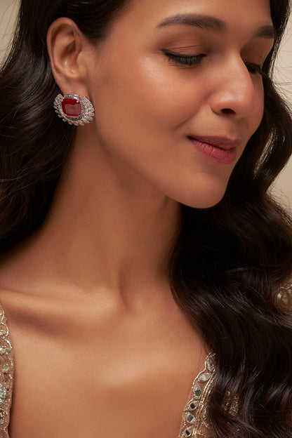 White Finish Uncut Zircon & Ruby Stone Stud Earrings