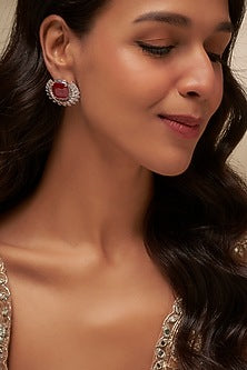 White Finish Uncut Zircon & Ruby Stone Stud Earrings