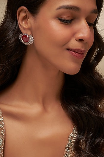 White Finish Uncut Zircon & Ruby Stone Stud Earrings