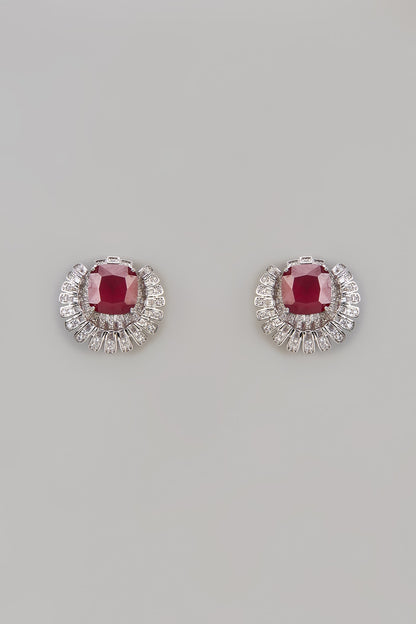 White Finish Uncut Zircon & Ruby Stone Stud Earrings