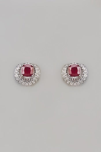 White Finish Uncut Zircon & Ruby Stone Stud Earrings